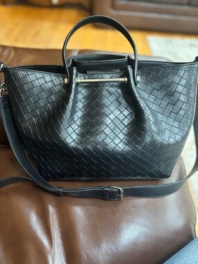Calvin Klein Woven Leather Crossbody Black Intrecciato Style